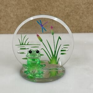 Glass Baron Green Glass Frog In Pond Dragonfly Lilly Pads Cattails Shelf Sitter